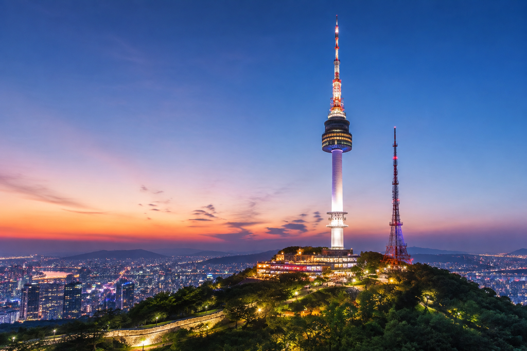N Seoul Tower overlooking the Seoul skyline at sunset