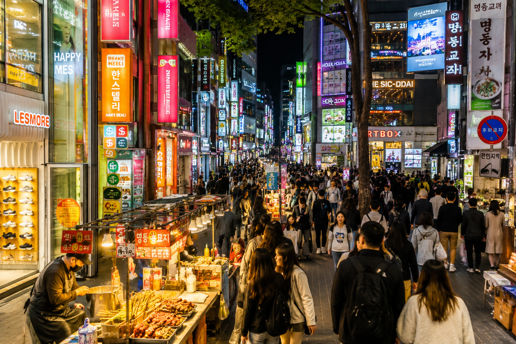 Myeongdong shopping street in Seoul with shops, street food, and visitors