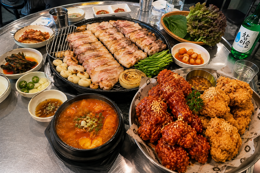 Korean BBQ with grilled samgyeopsal and Korean fried chicken in Seoul
