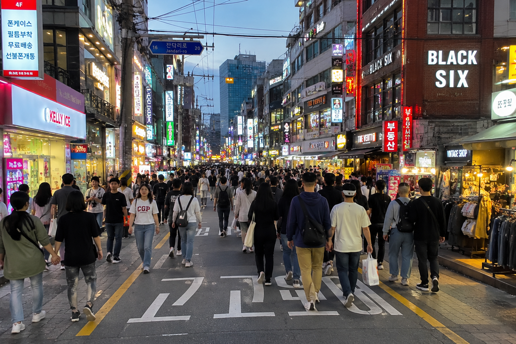 Busy Hongdae street in Seoul with shops, restaurants, and young visitors