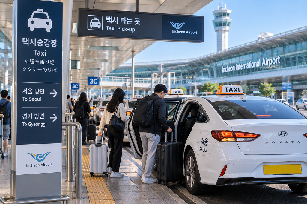 Travelers taking a taxi from Incheon International Airport to Seoul