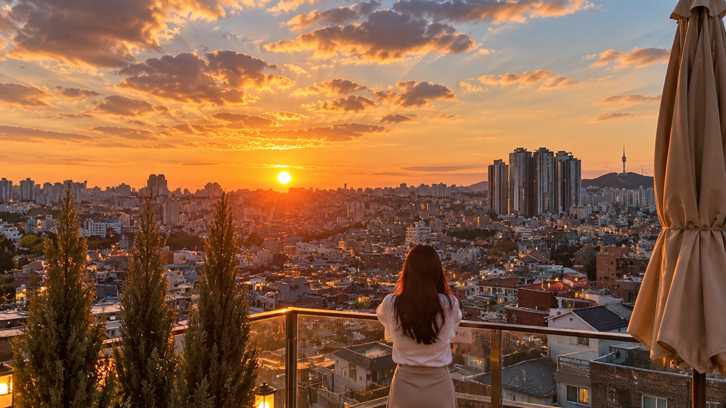 Sunset view over Huam-dong and the Seoul skyline from a hillside terrace