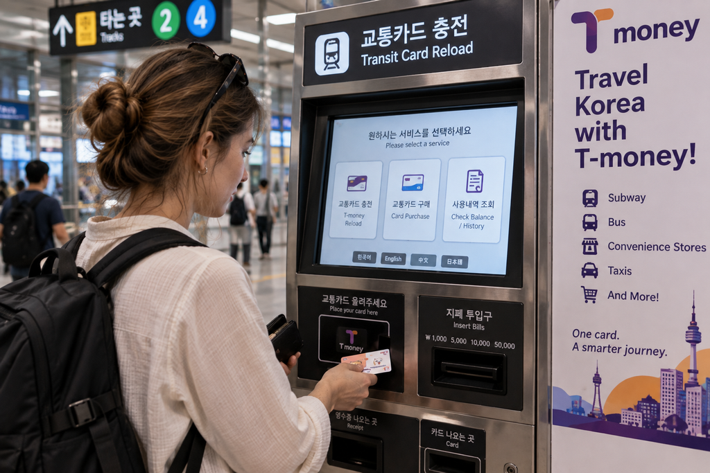 Traveler reloading a T-money card at a subway station in Seoul