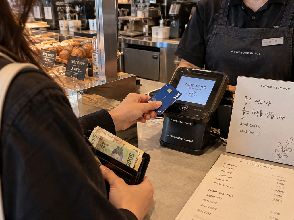 Tourist paying by credit card with Korean won at a cafe in South Korea