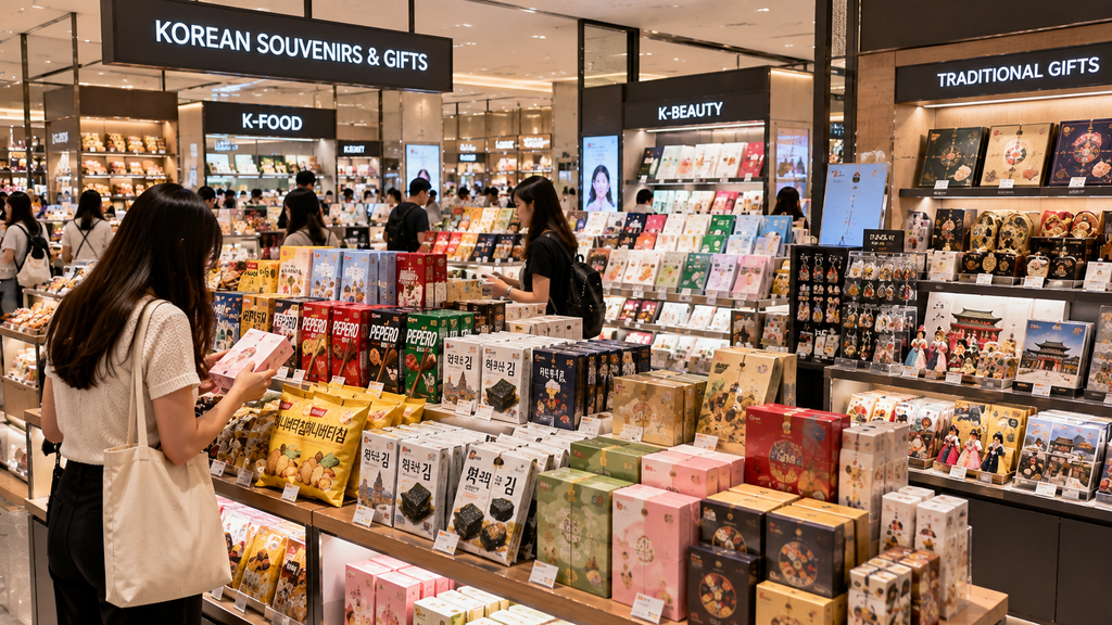 Tourist shopping for Korean snacks, K-beauty products and traditional souvenirs in South Korea