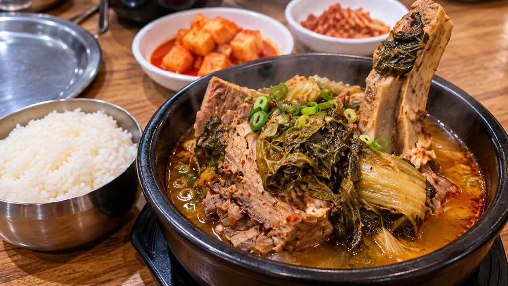 Korean pork backbone soup with tender meat, greens, rice and kimchi at Il Deung Restaurant in Mangwon, Seoul