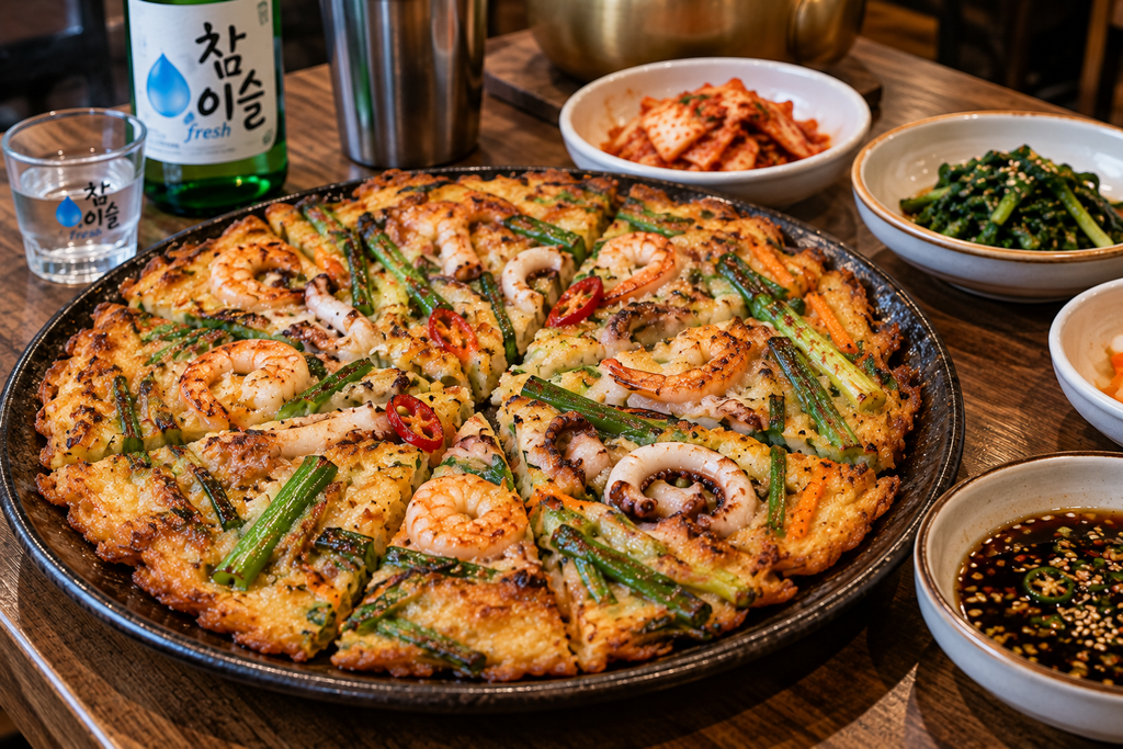 Korean haemul pajeon seafood pancake with green onions and dipping sauce