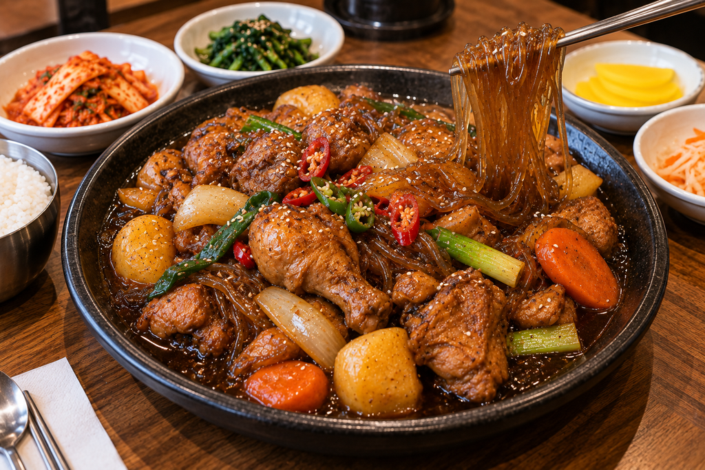 Korean jjimdak braised chicken with glass noodles and vegetables