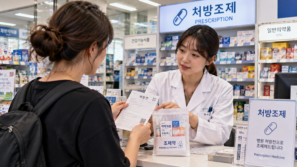 Tourist receiving prescription medicine from a pharmacist at a pharmacy in South Korea