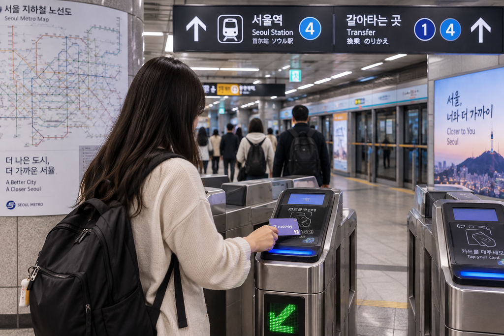 Traveler using a T-money card at a Seoul subway station