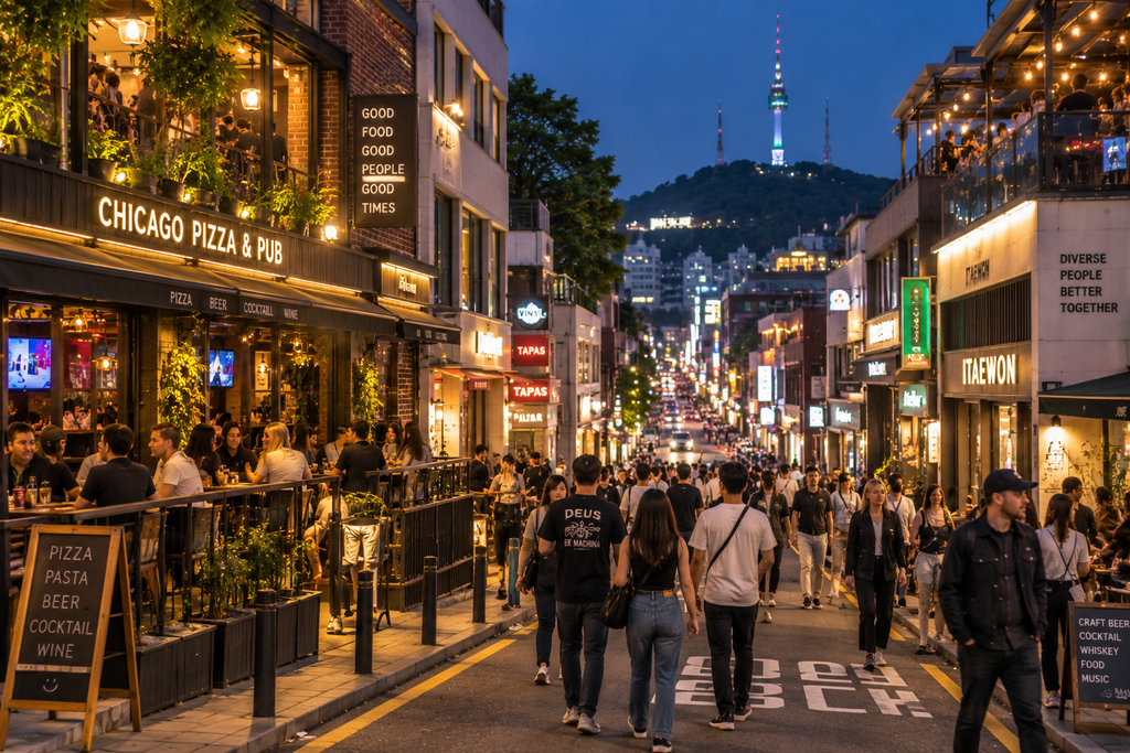 Itaewon street in Seoul with international restaurants, bars, and nightlife