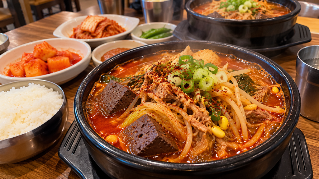Spicy beef haejangguk with bean sprouts and blood pudding at Jeju Eunhee's Hangover Soup