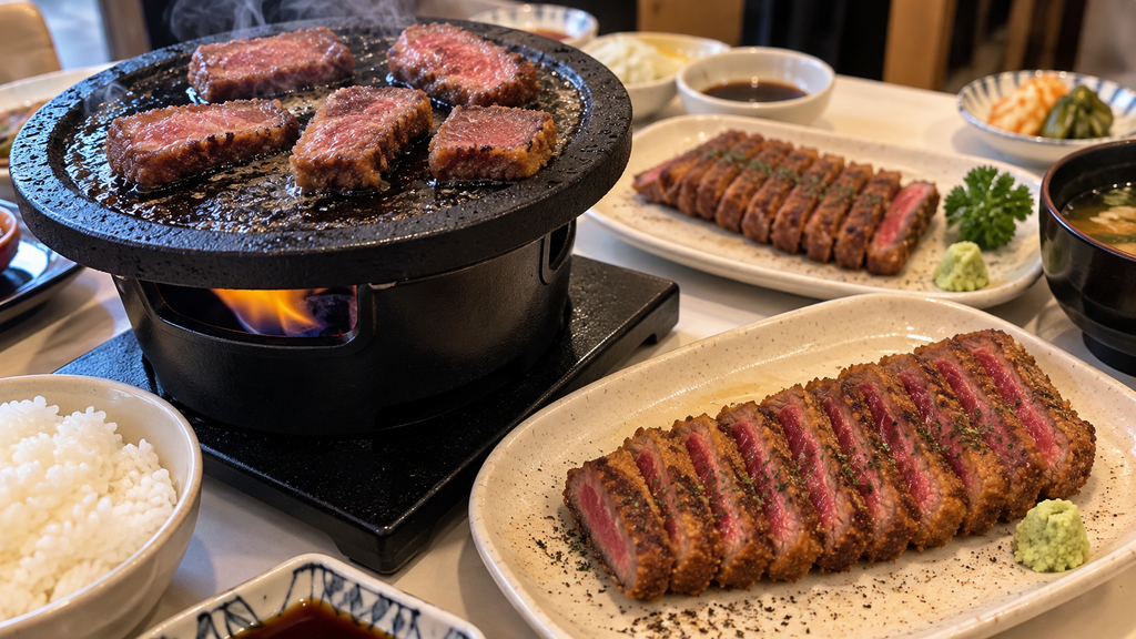 Gyukatsu with sliced beef and a mini tabletop grill at Soyeonok near Gwangalli in Busan