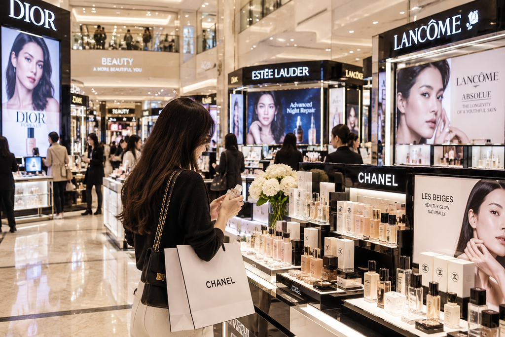 Luxury cosmetics department inside a department store in South Korea