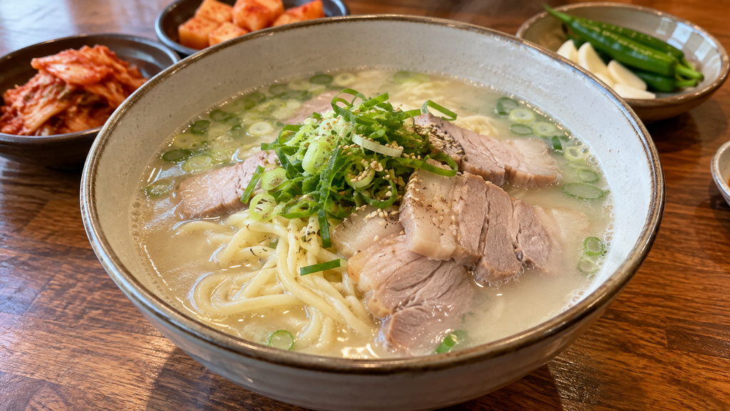 Jeju gogi-guksu with sliced pork and noodles in a rich pork broth at Samdae Guksu