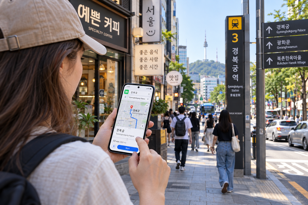 Tourist using a navigation app to explore Seoul, South Korea