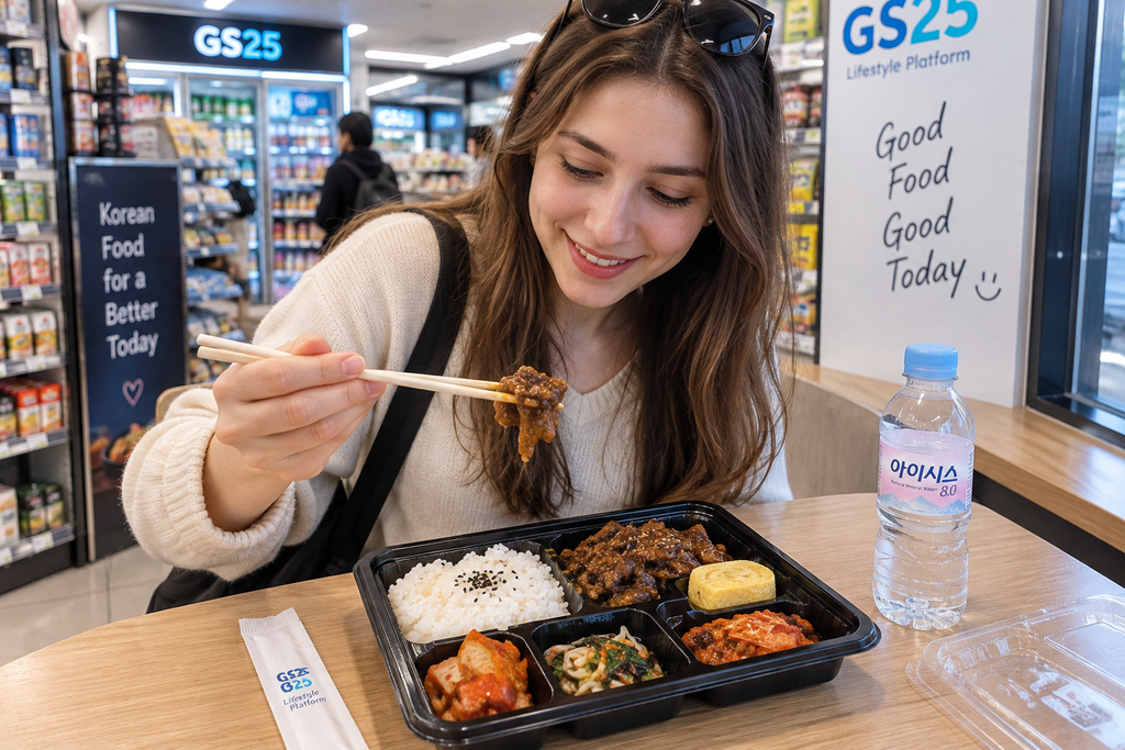 Traveler eating a Korean convenience store lunch box with rice, meat, egg, kimchi and side dishes