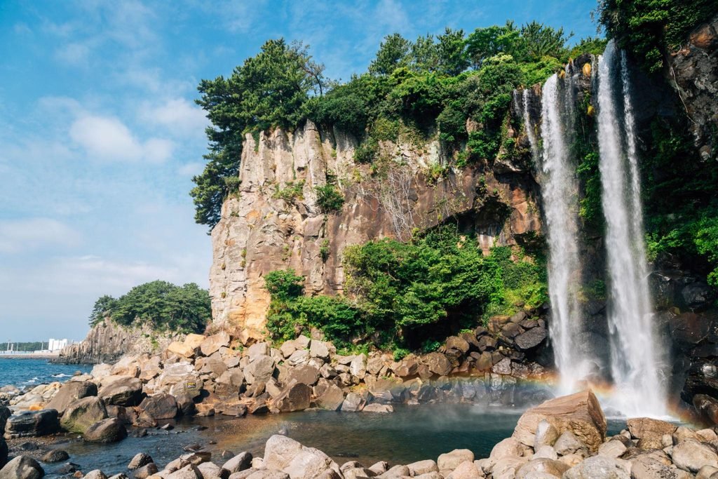 Jeongbang Waterfall near the coast in Seogwipo, Jeju