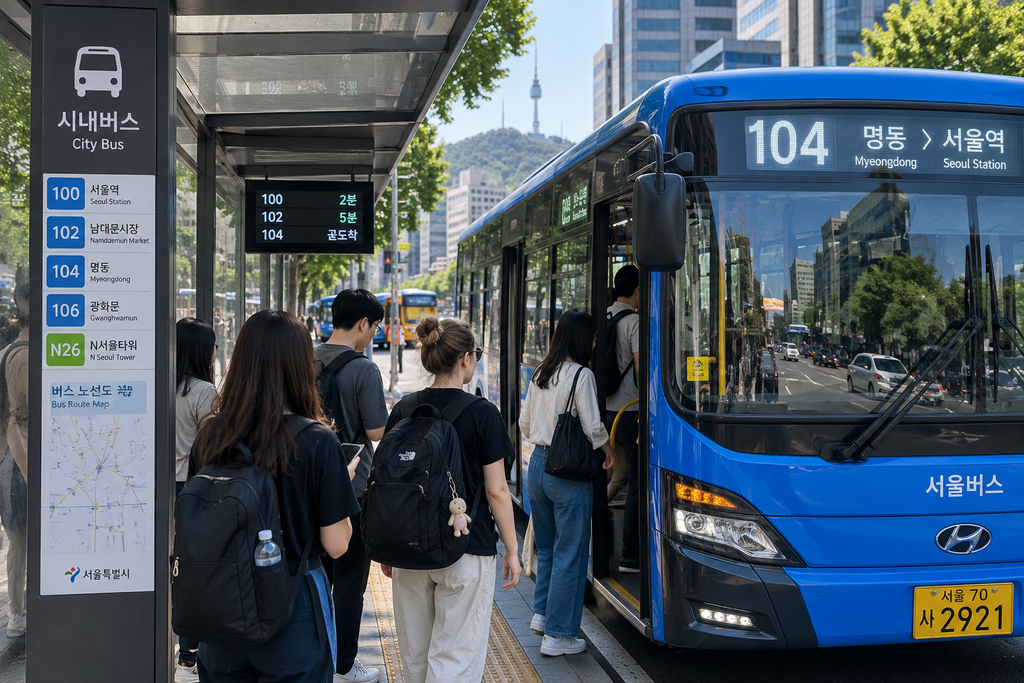 Travelers boarding a city bus at a bus stop in Seoul, South Korea