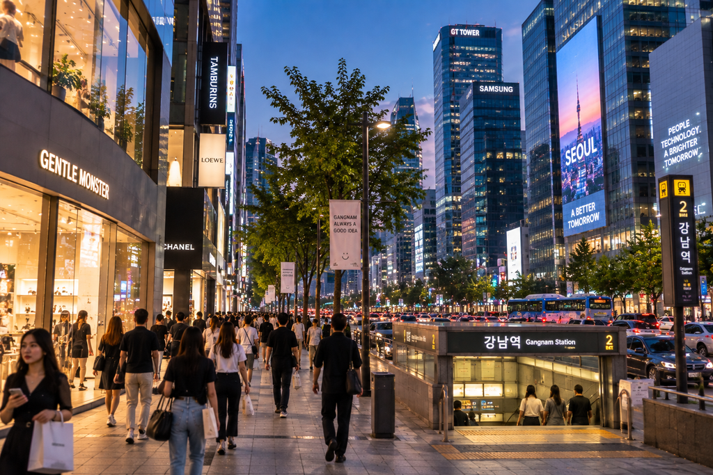 Gangnam street in Seoul with modern buildings, shopping, and city nightlife