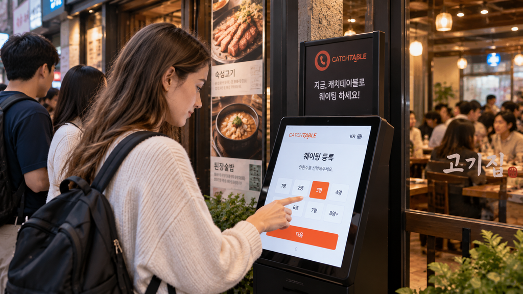 Tourist registering for a restaurant waitlist using a kiosk in South Korea
