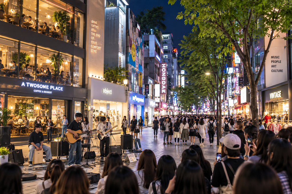Hongdae street in Seoul with nightlife, shops, cafes, and street performers