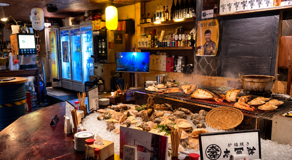 Charcoal-grilled mero fish and fresh seafood at Taepyeongyang Robatayaki in Busan