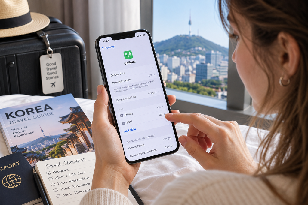 Traveler checking eSIM compatibility on a smartphone before traveling to South Korea