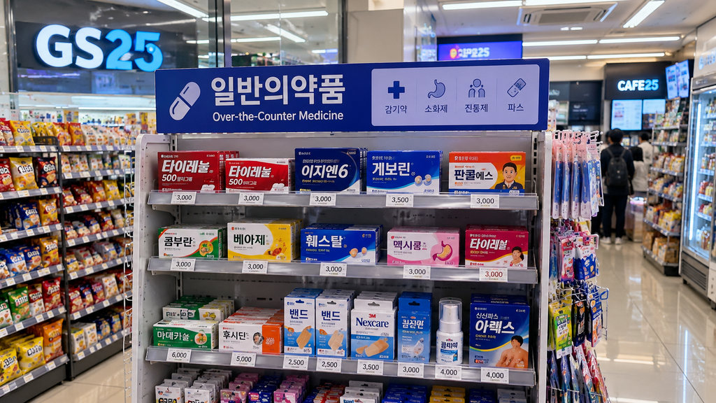 Over-the-counter medicine section inside a Korean convenience store in South Korea