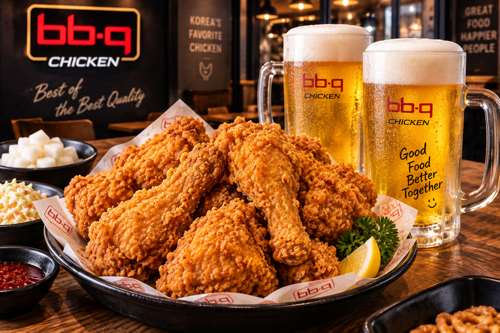 Korean fried chicken with cold draft beer at a BBQ chicken restaurant