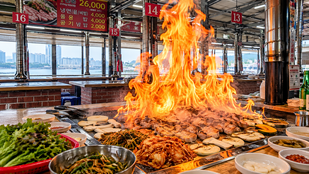 Flame show over grilled samgyeopsal, kimchi and vegetables on a giant iron griddle at Dangudae Tongcheolpan Samgyeopsal in Busan