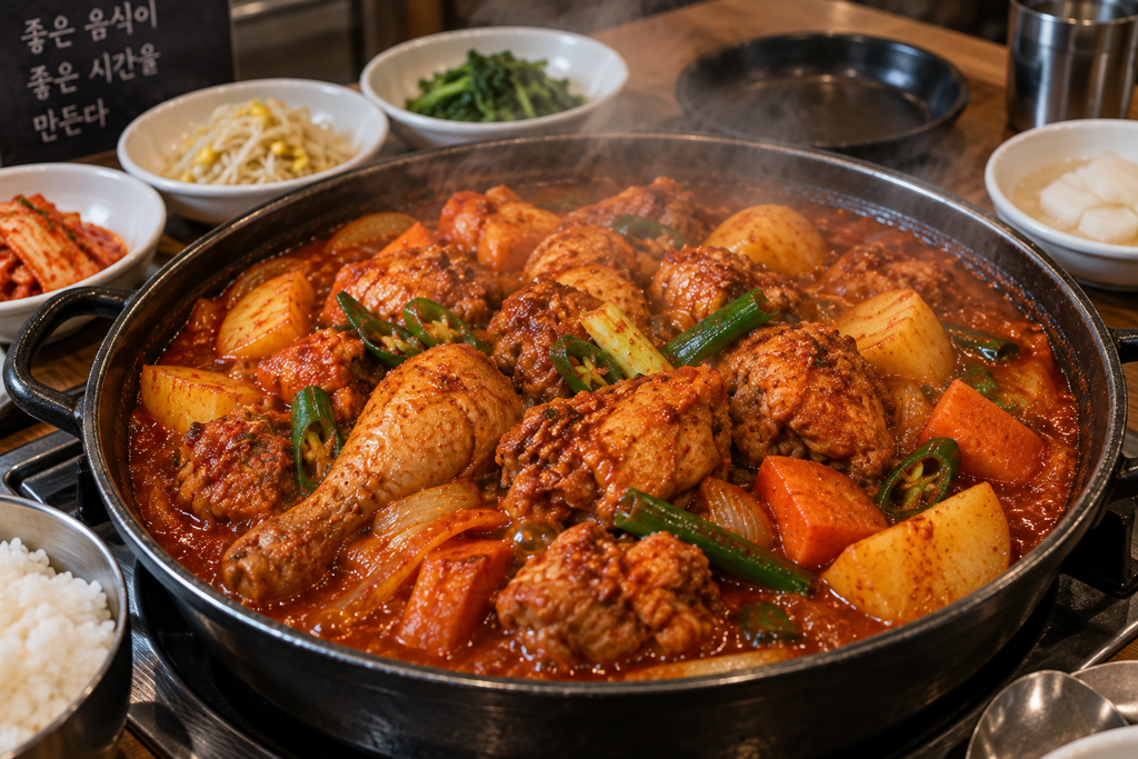 Korean dakdoritang spicy braised chicken with potatoes and vegetables
