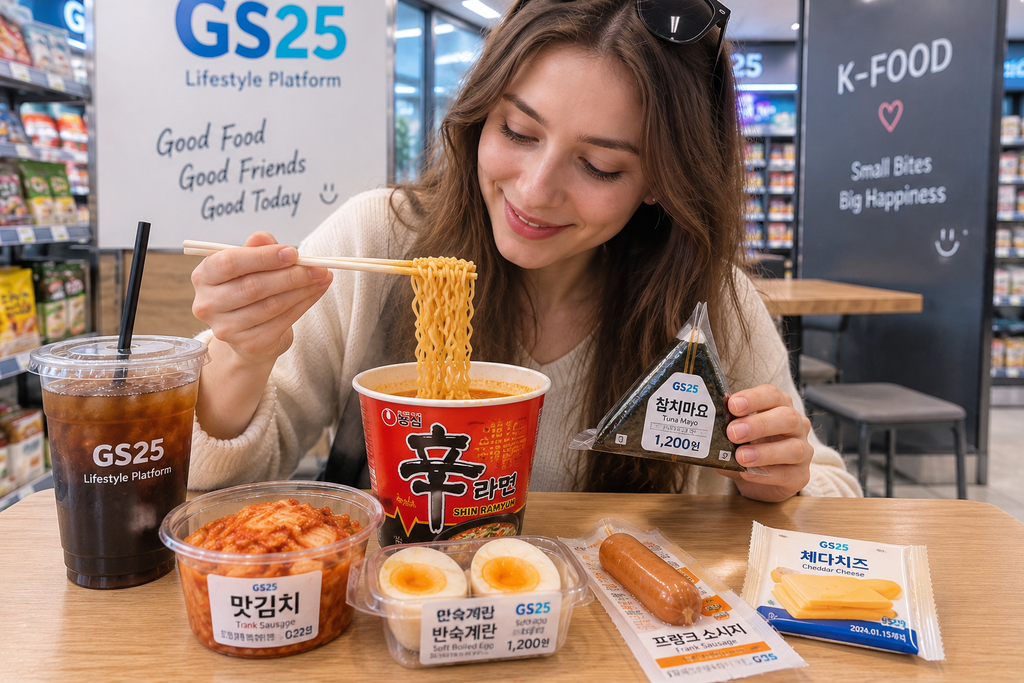Traveler enjoying instant ramen, triangle kimbap, kimchi, eggs and sausage at a Korean convenience store