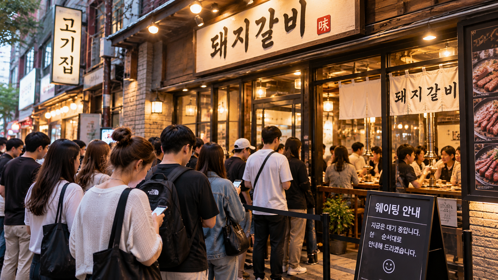 Customers waiting in line outside a popular Korean restaurant in South Korea