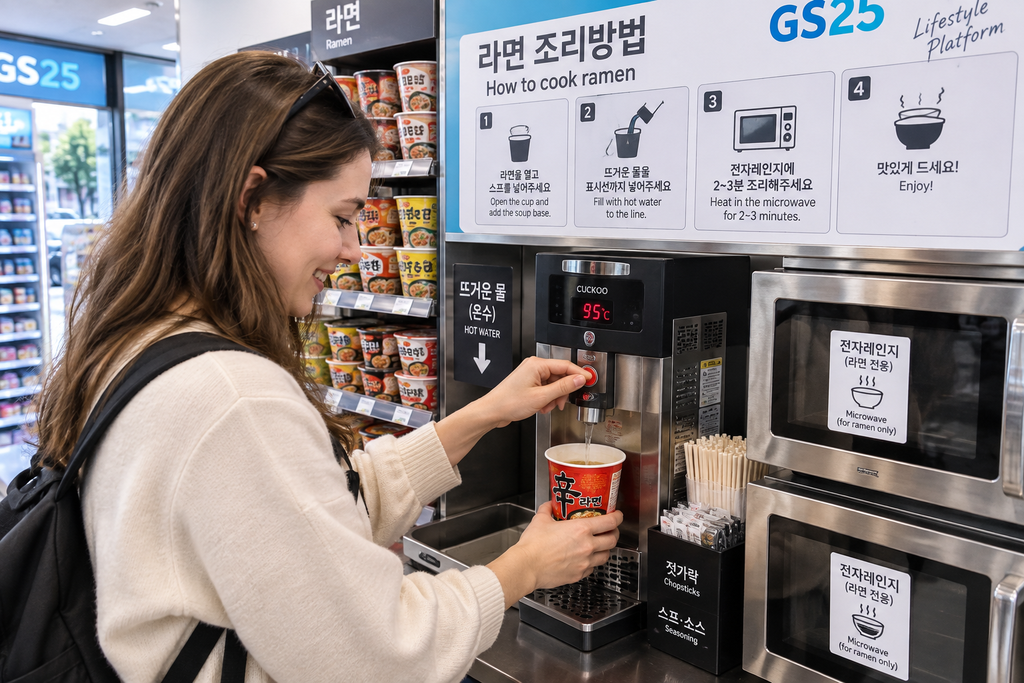 Traveler preparing instant ramen with a hot water dispenser at a Korean convenience store