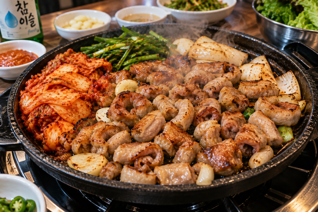 Korean gopchang grilled intestines with kimchi and vegetables