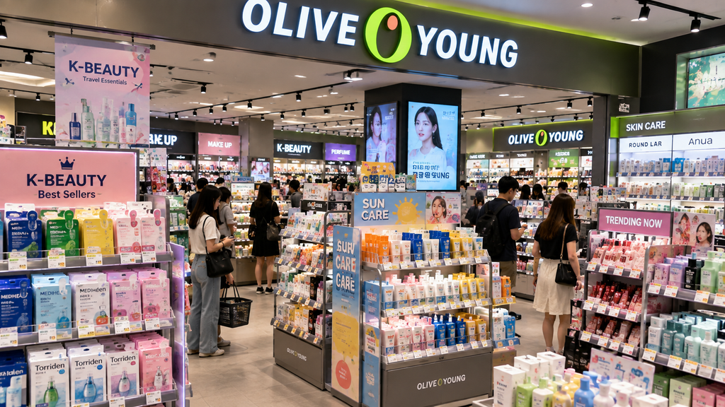 Olive Young store in South Korea with K-beauty skincare, cosmetics, sunscreen and shoppers browsing products