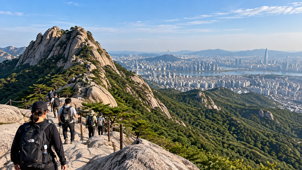 Hikers on Bukhansan Mountain overlooking the Seoul skyline