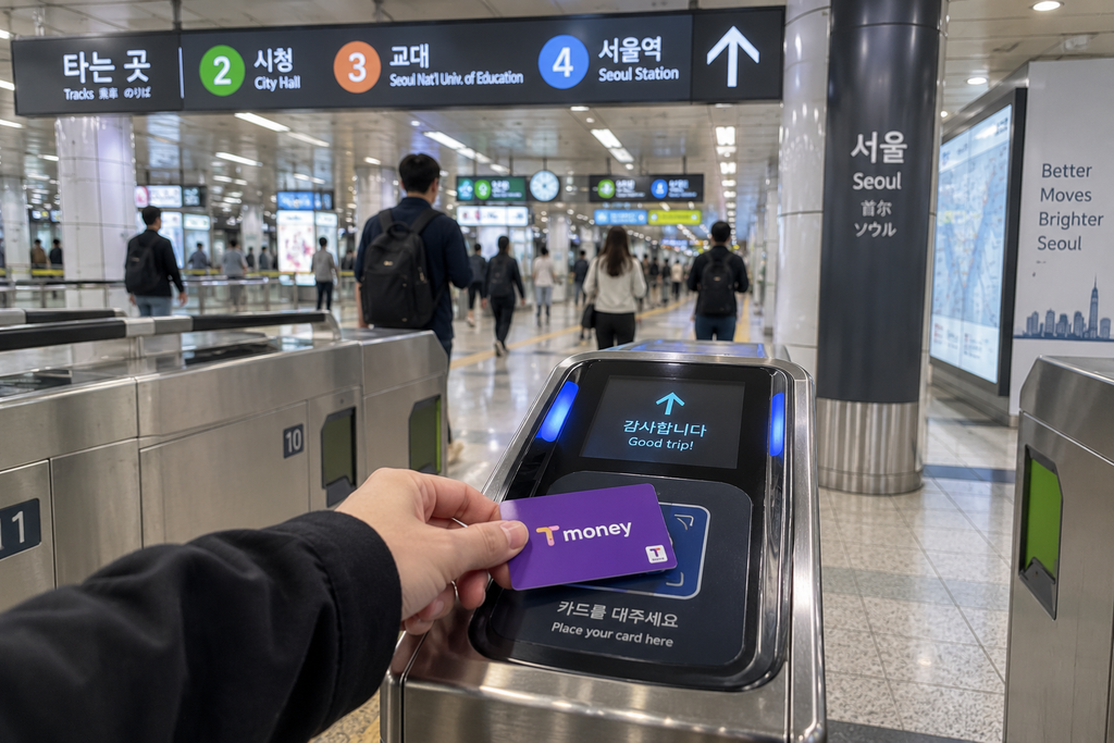 Traveler tapping a T-money card at a Seoul subway ticket gate