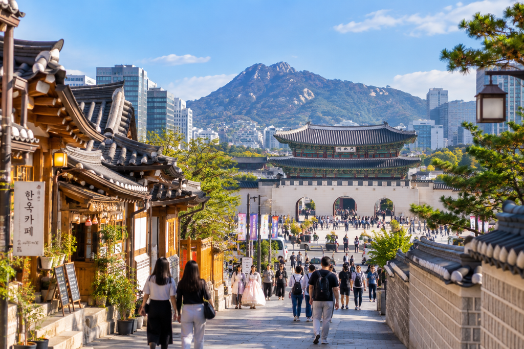 Traditional Seoul neighborhood in Jongno with hanok buildings and Gyeongbokgung Palace