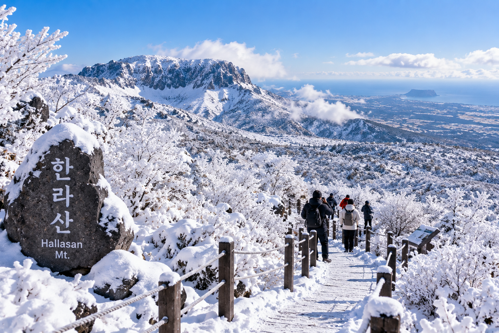 Snow-covered Hallasan Mountain in Jeju Island during winter