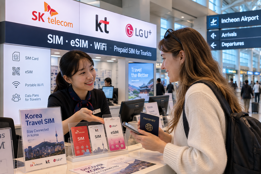 Tourist buying a SIM card at an airport telecom counter in South Korea