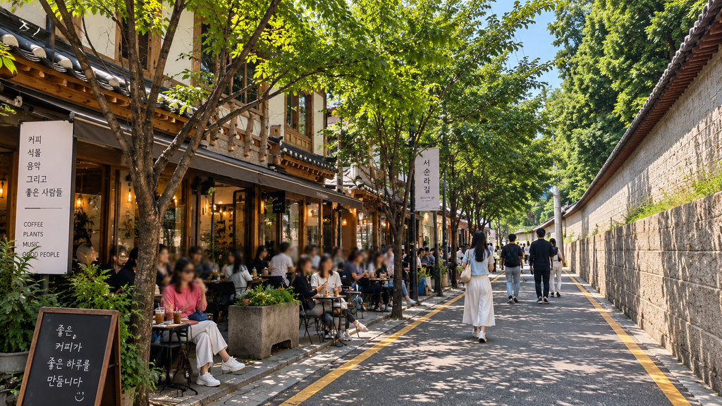 Seosulla-gil street beside the Jongmyo stone wall with cafes and people in Seoul