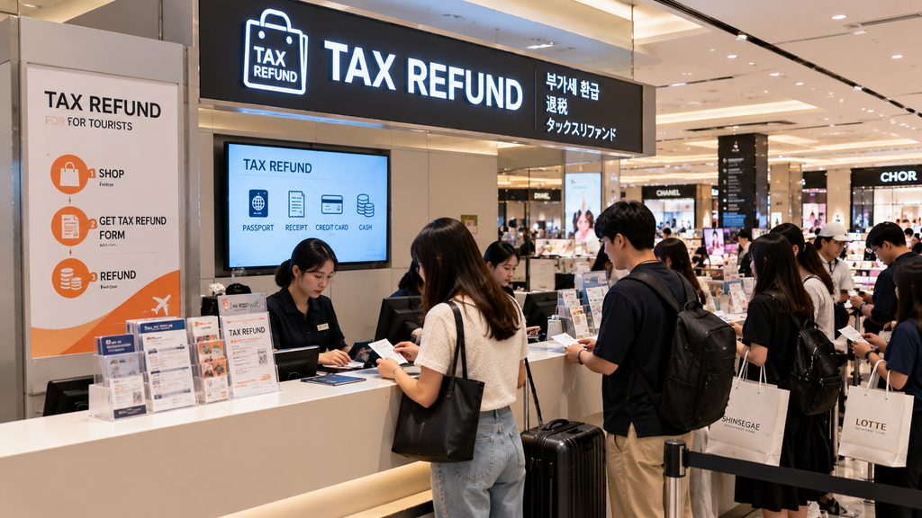 Tourists using a tax refund counter with passports and receipts at a department store in South Korea