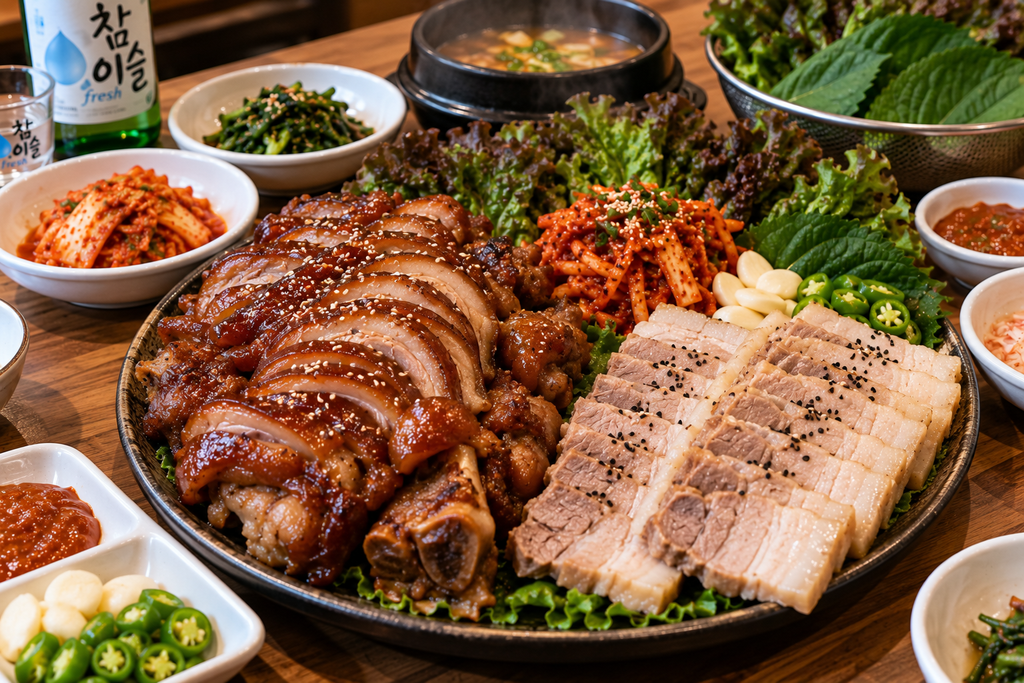 Korean jokbal and bossam with kimchi, garlic, and lettuce wraps