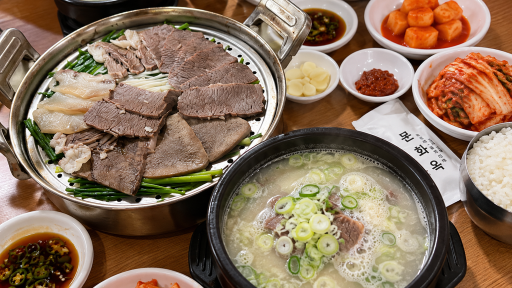 Traditional Korean seolleongtang beef soup with rice and kimchi at Munhwaok in Euljiro, Seoul