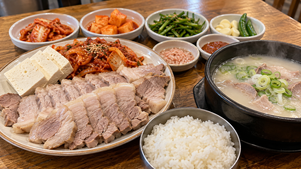 Suyuk baekban with sliced pork, tofu, kimchi, pork soup and rice at Yeongjin Dwaeji Gukbap in Busan