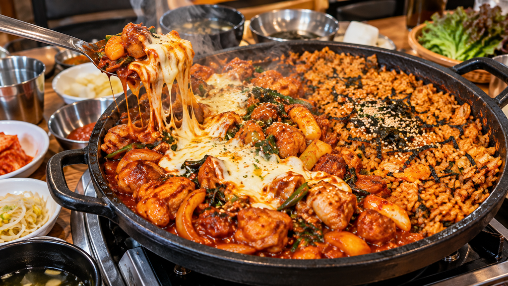 Spicy dakbokkeumtang with melted cheese and fried rice on a sizzling stone plate at Doldak Gwangalli in Busan