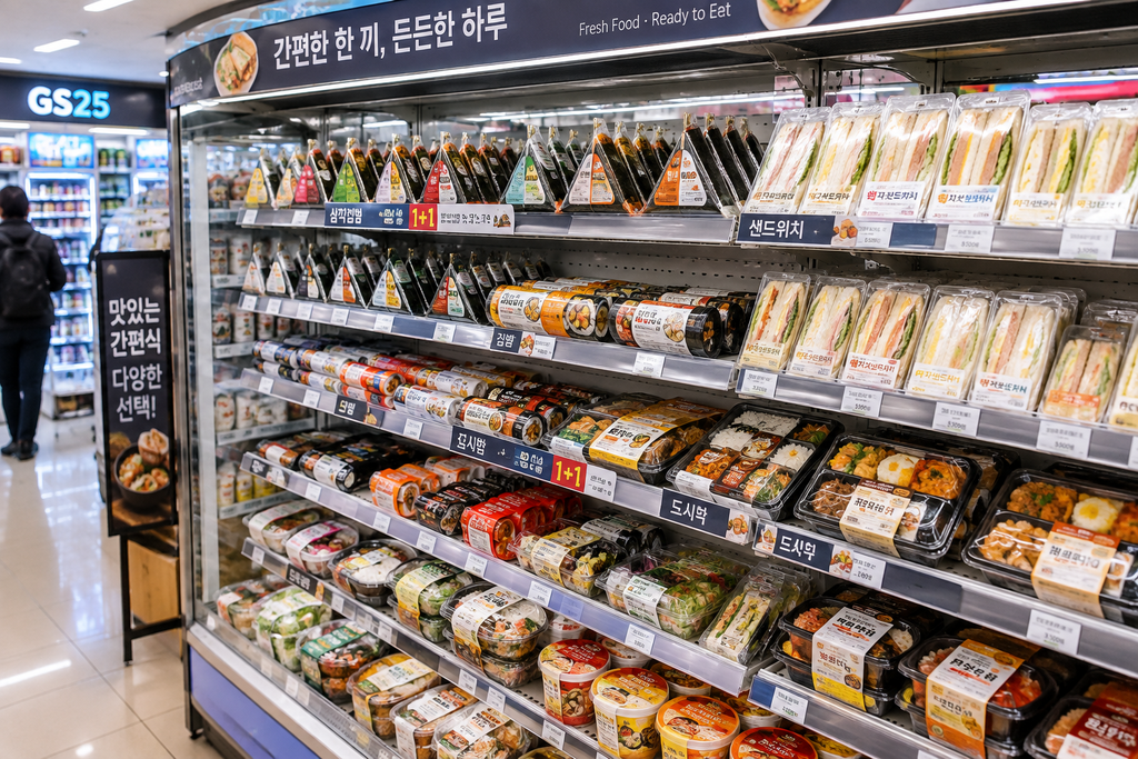 Korean convenience store refrigerated section with triangle kimbap, lunch boxes, sandwiches and ready-to-eat meals