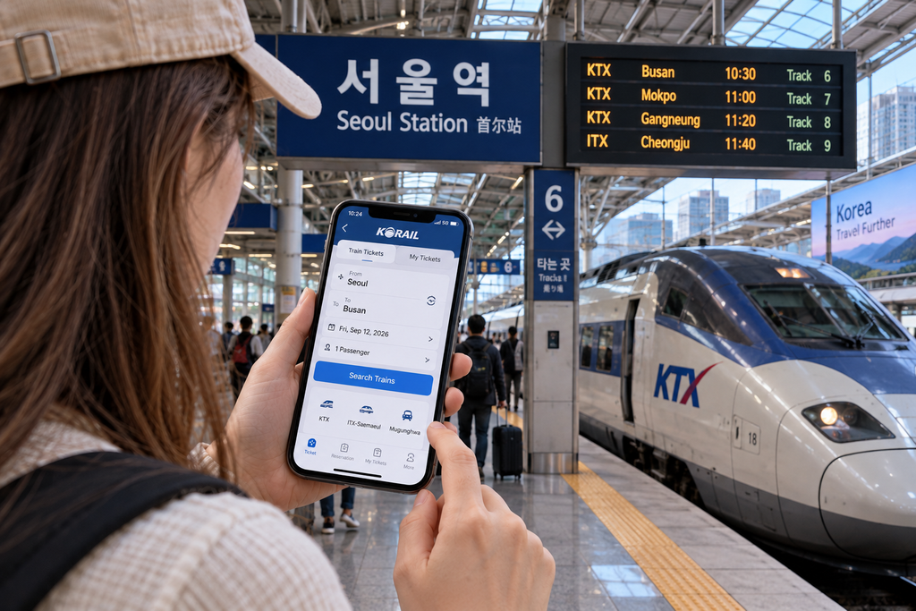 Tourist using the KORAIL app for KTX travel at Seoul Station in South Korea